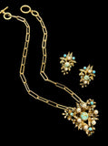 Vintage 1950 Turquoise & Pearl Brooch with Matching Earrings